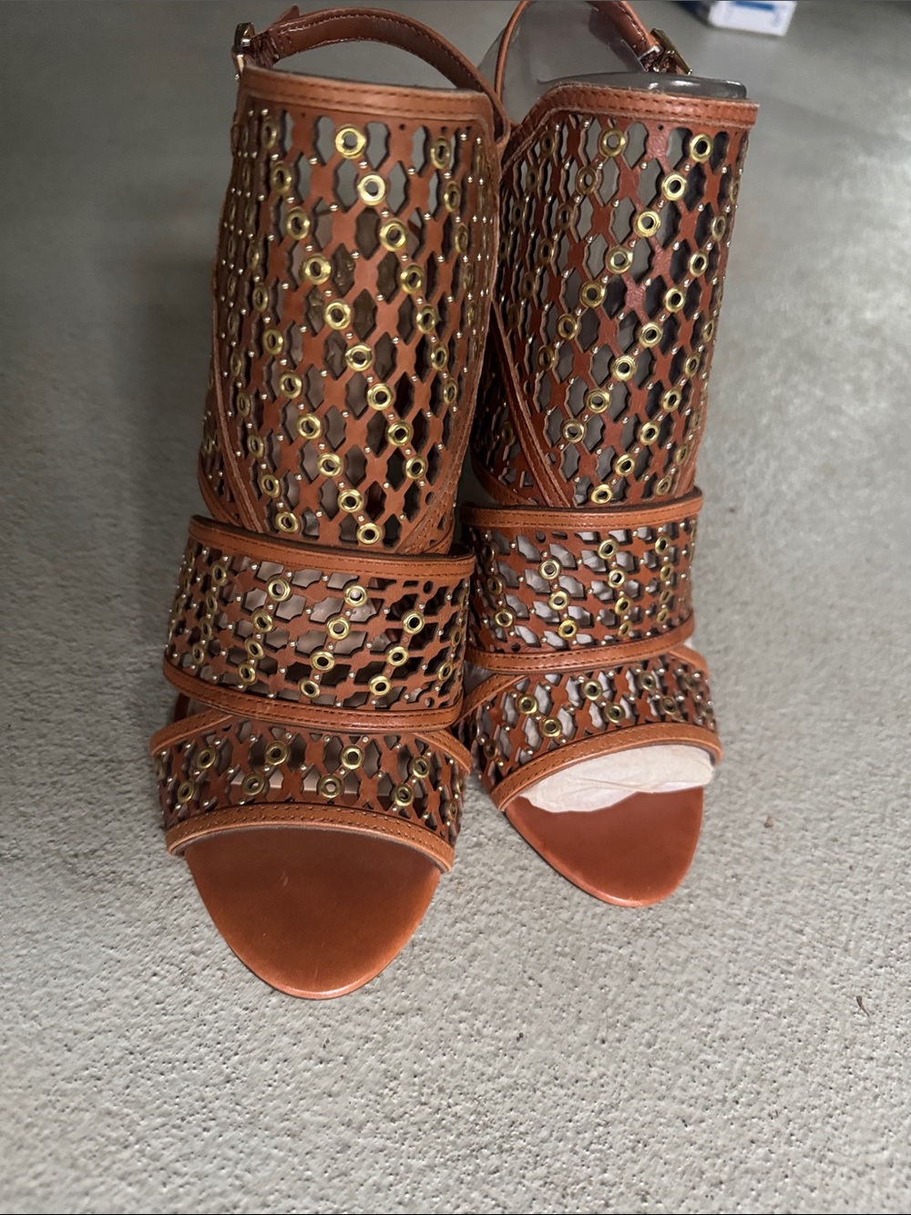 Brown Leather Cutout Studded Women's Sandals